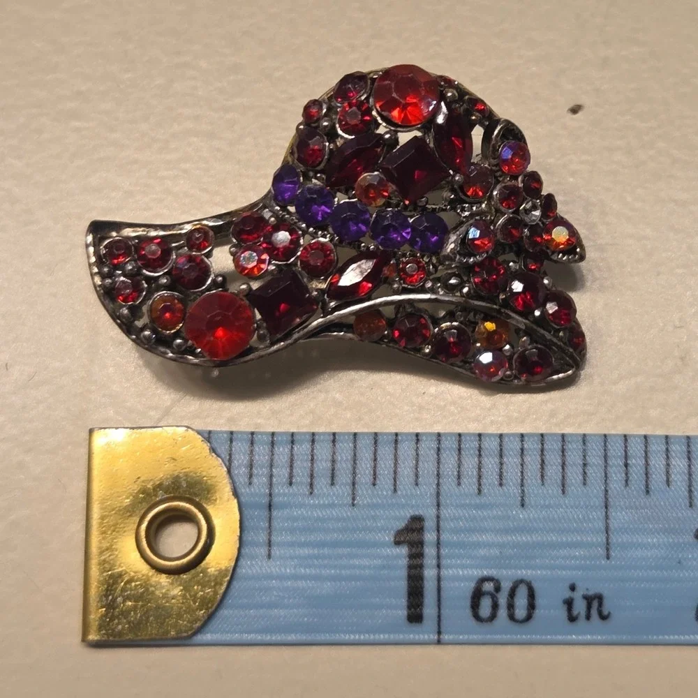Vintage Unsigned Red & Purple Rhinestone Hat Brooch Red Hat‎ Club Pin